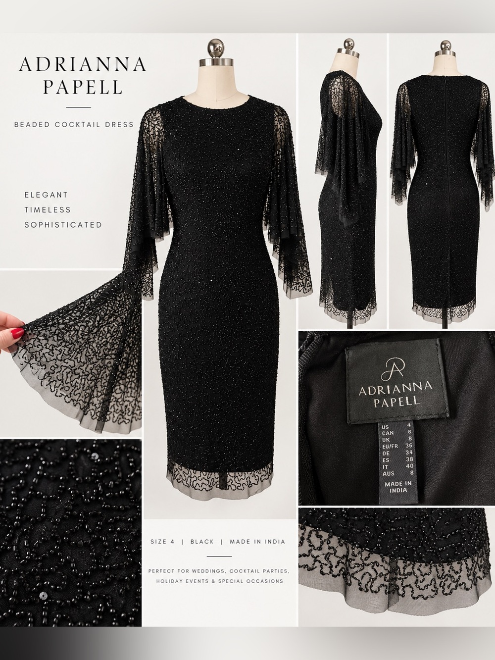 Adrianna Papell Black Beaded Sheer Cape Sleeve Cocktail Dress Size 4